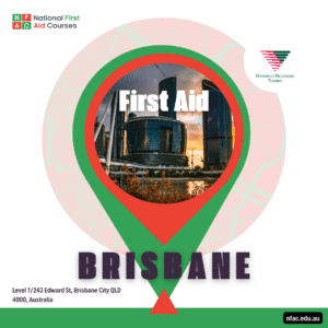 National First Aid Courses Brisbane location graphic with city skyline and Edward Street address.