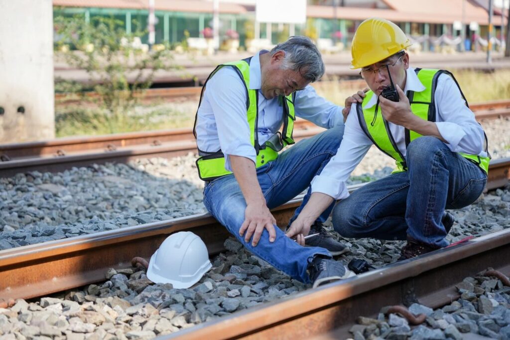 Worker calling for help after a leg injury on the train tracks