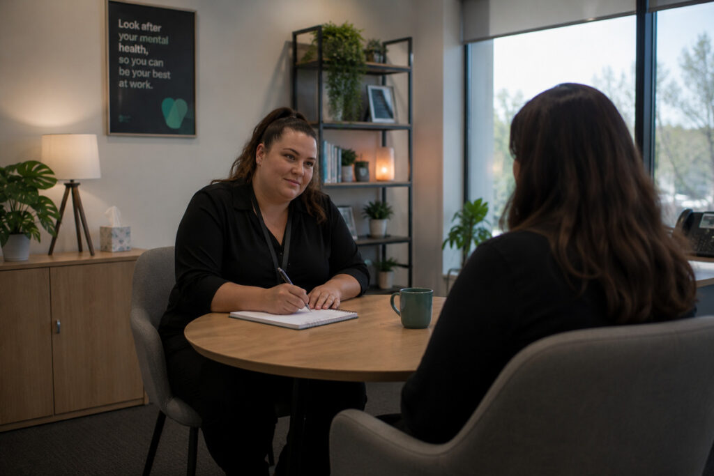 mental health specialist helping a colleague at work