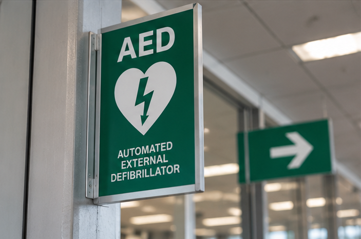 AED sign on the wall at the office