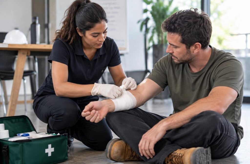 Nurse putting a bandage on an injured man