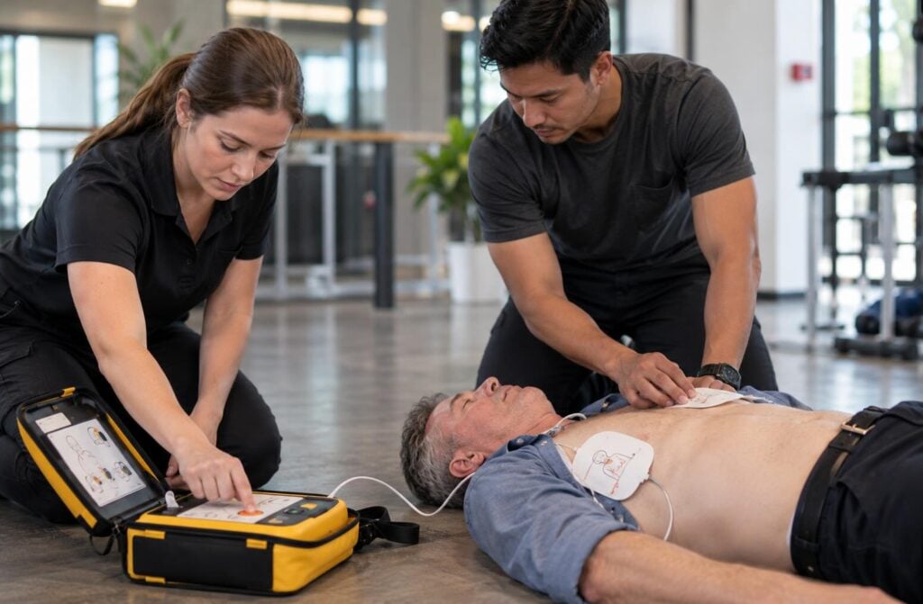couple using an AED on a man