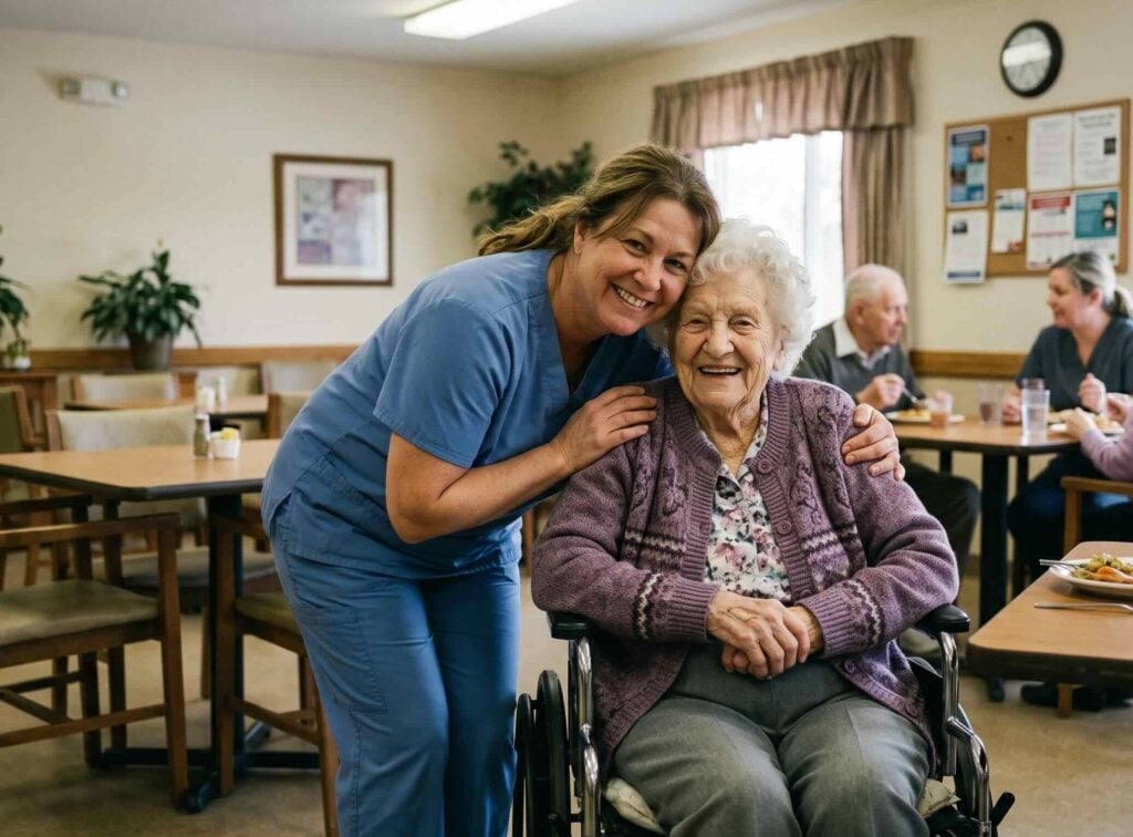 female caregiver warmly hugging a smiling senior woman