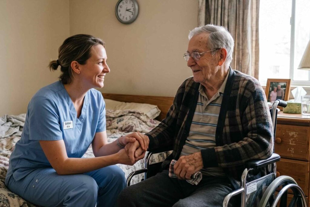 female nurse holding an elderly man's hand