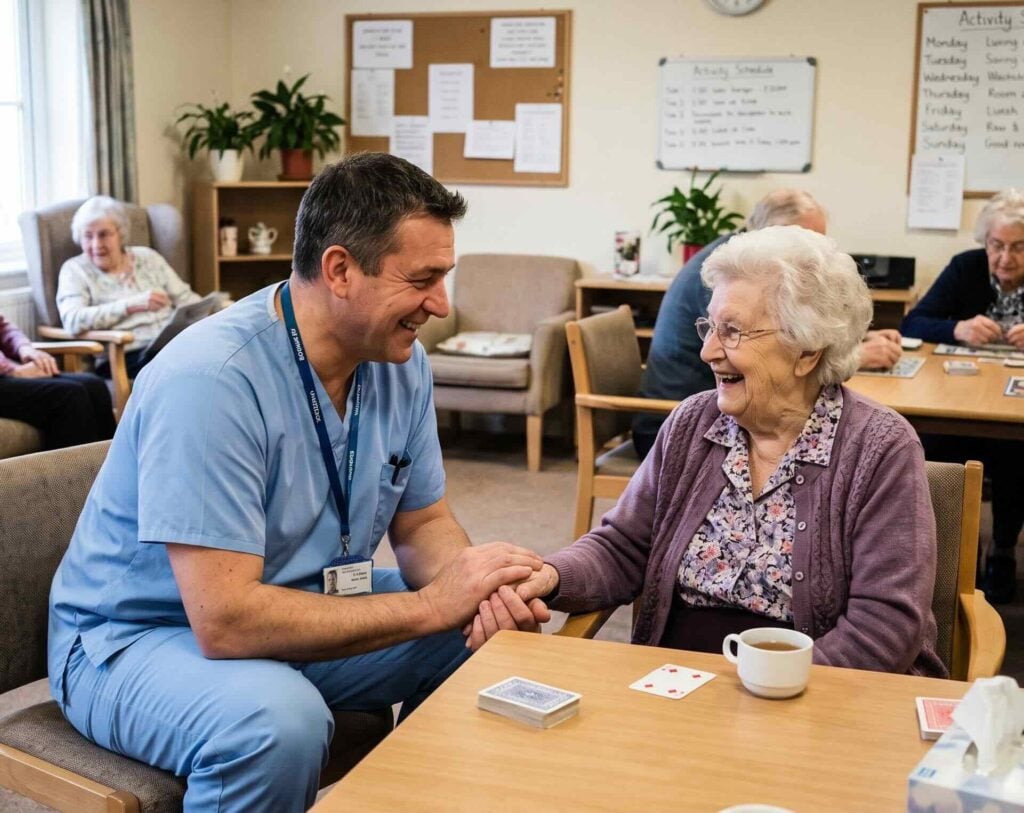 male caregiver and a senior woman sharing a joyful laugh